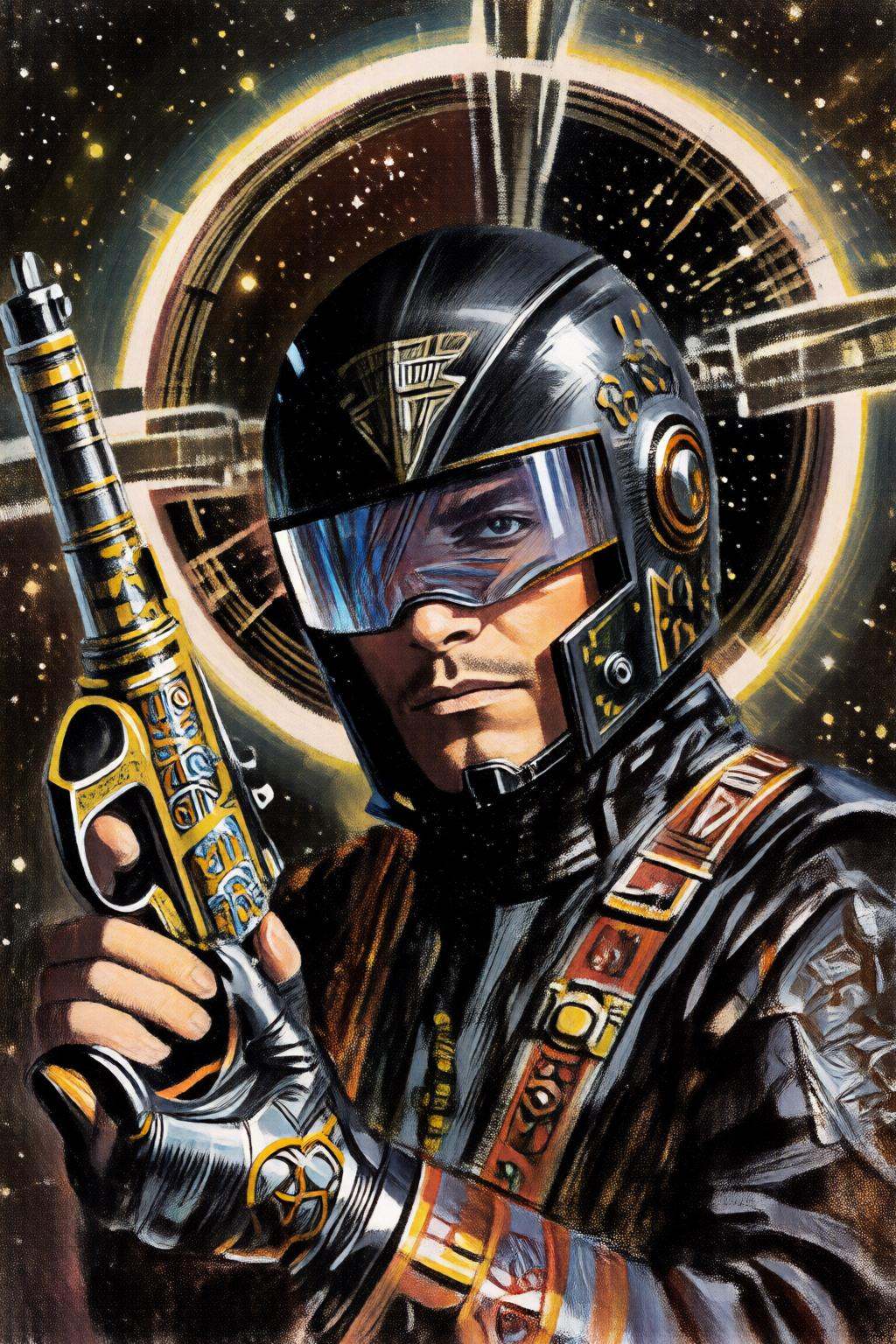 giannirenna2q illustration. juangimenez1. A man in a sleek black helmet with a high-tech visor holds an elaborately decora...