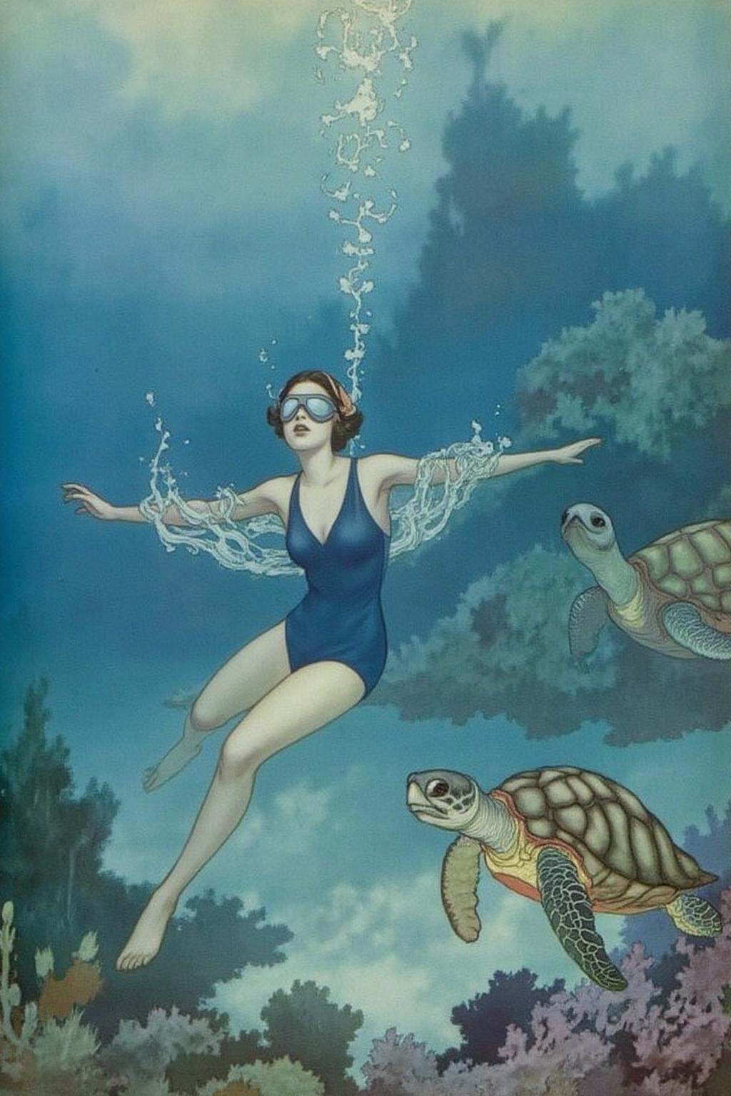 charob1 illustration. a woman swimming underwater. The woman is wearing a blue one piece swimsuit,  and she is wearing gog...