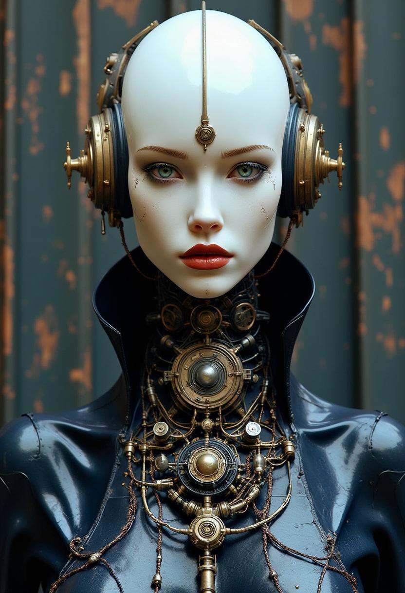 cyberpunk. This is a highly detailed realistic photo of a futuristic,  androgynous character. The subject has a smooth,  p...