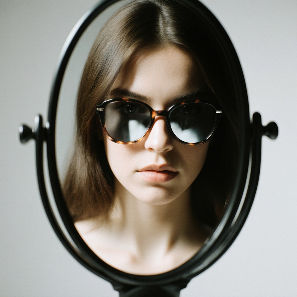 Surrealist art cinematic image of a mirror with a woman's face and mirrored sunglasses staring at camera,  perfect image,...