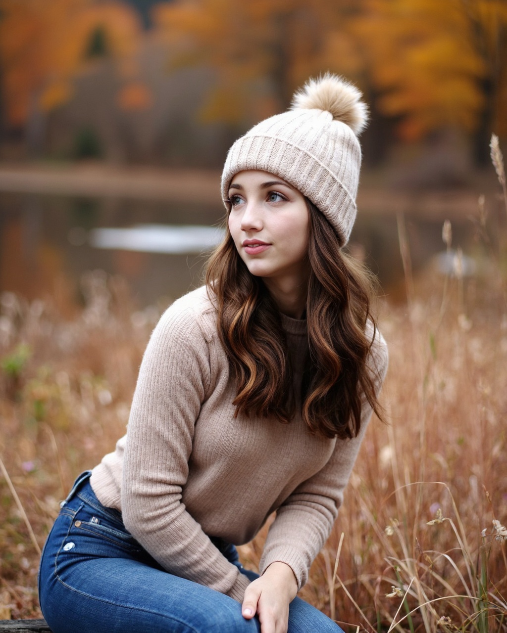 emily_rudd sitting outdoors in a serene,  autumnal landscape. She is positioned slightly to the right of the frame,  facin...