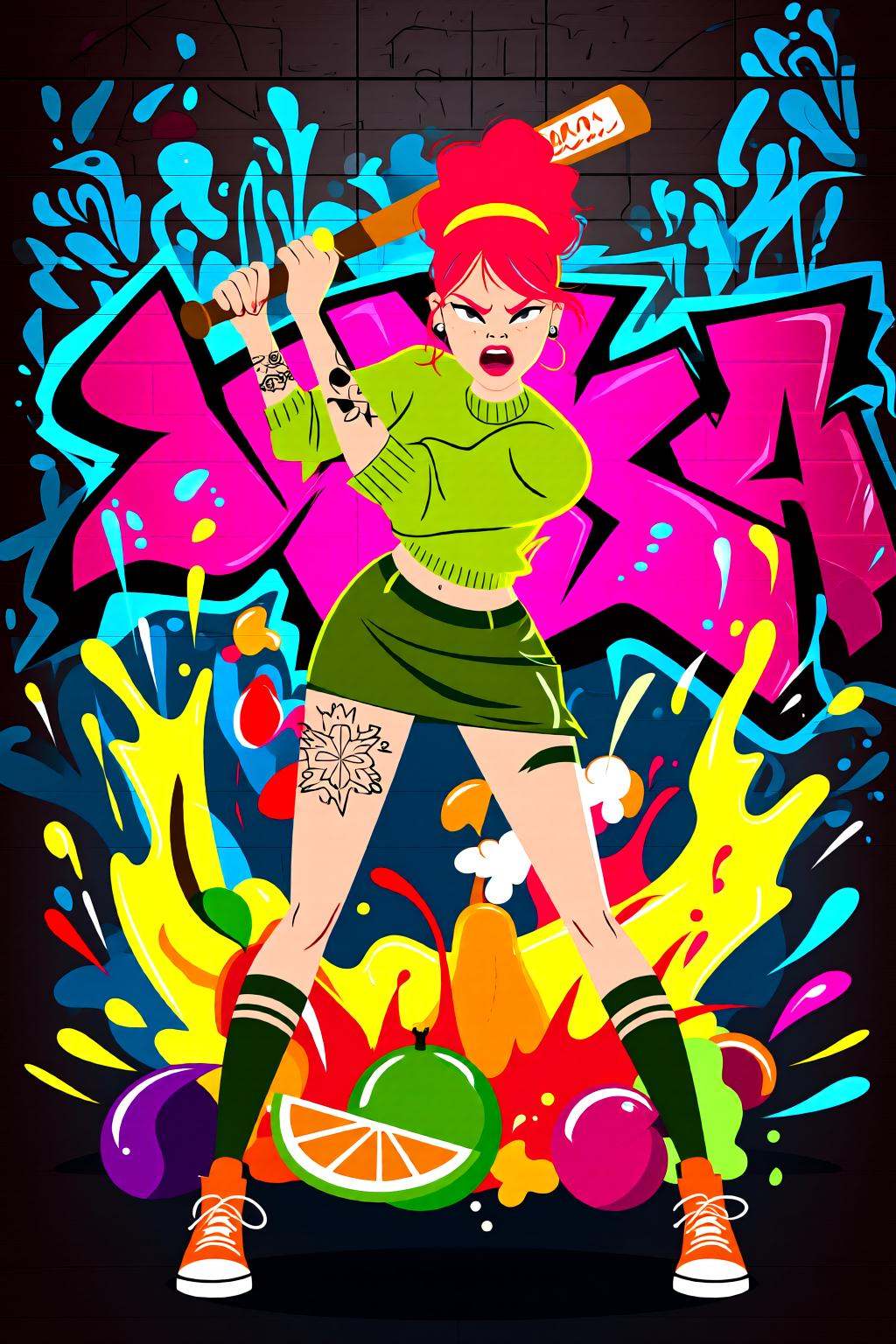 flatcolorvectorart2q illustration.Liquid splash,  juicy fruits chaos,  dynamic pose. Full-body shot a young woman threaten...