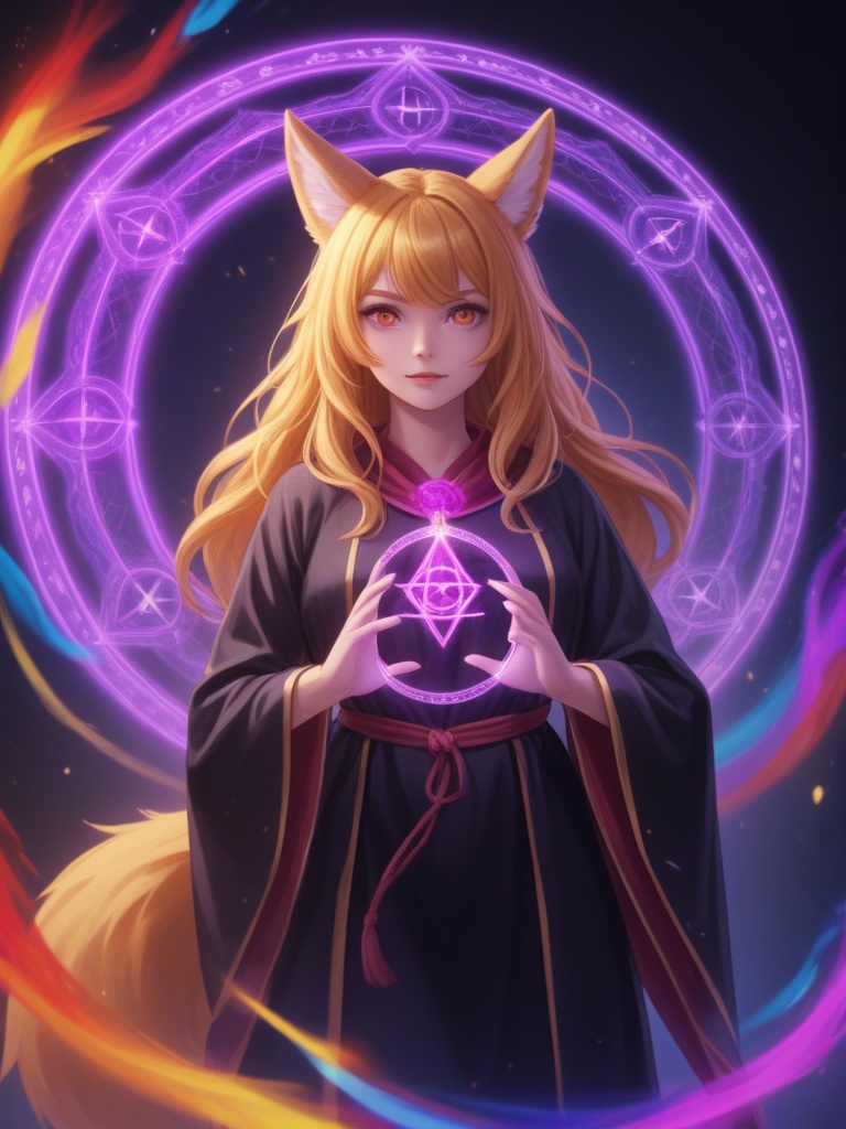 (Solo),  anthro fox girl,  black robe with golden details on Tensor.Art