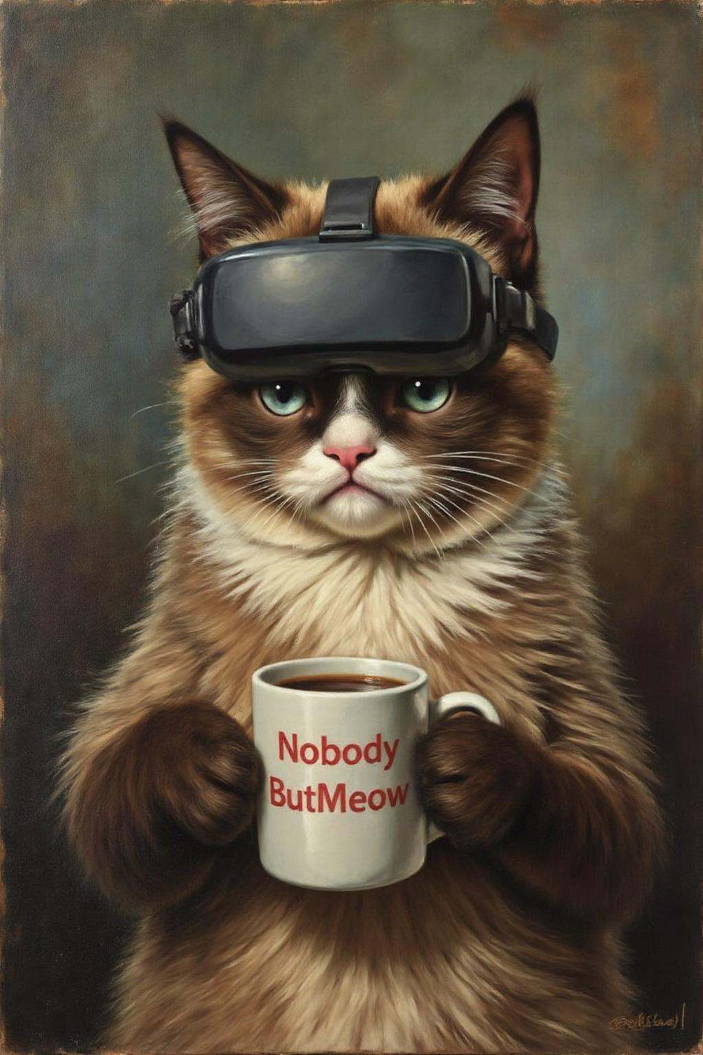 jore1 painting. Grumpy Cat holding a coffee mug,  wearing a VR Headset. The mug has the phrase "NobodyButMeow" printed on...