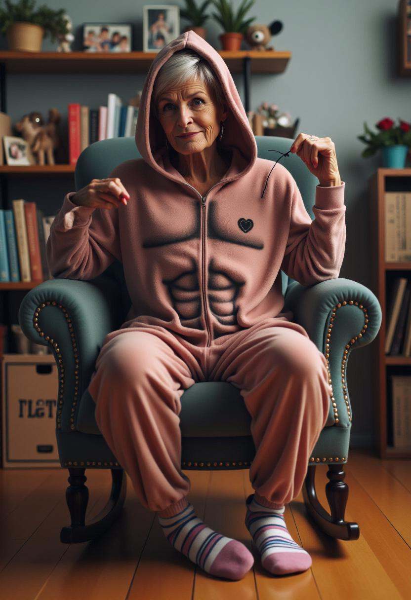 Photograph featuring an elderly woman wearing a onesie with a hood designed to resemble a muscular bodybuilder man with ab...