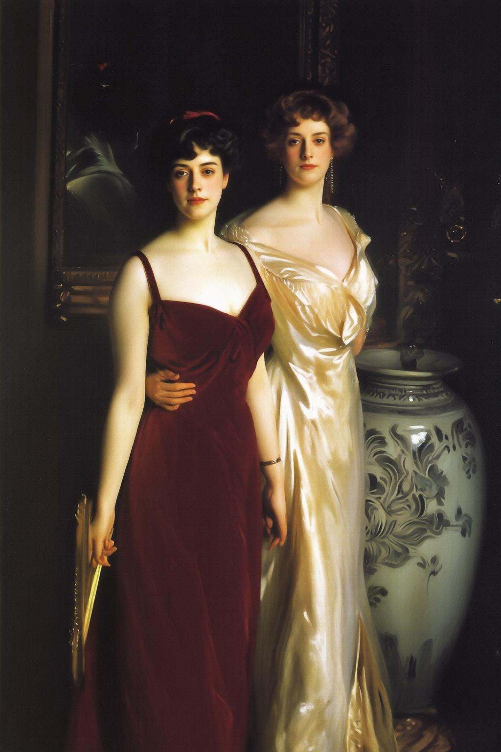 johnsingersargent6q painting.Two women in evening attire,  standing closely together and facing the viewer directly. The w...