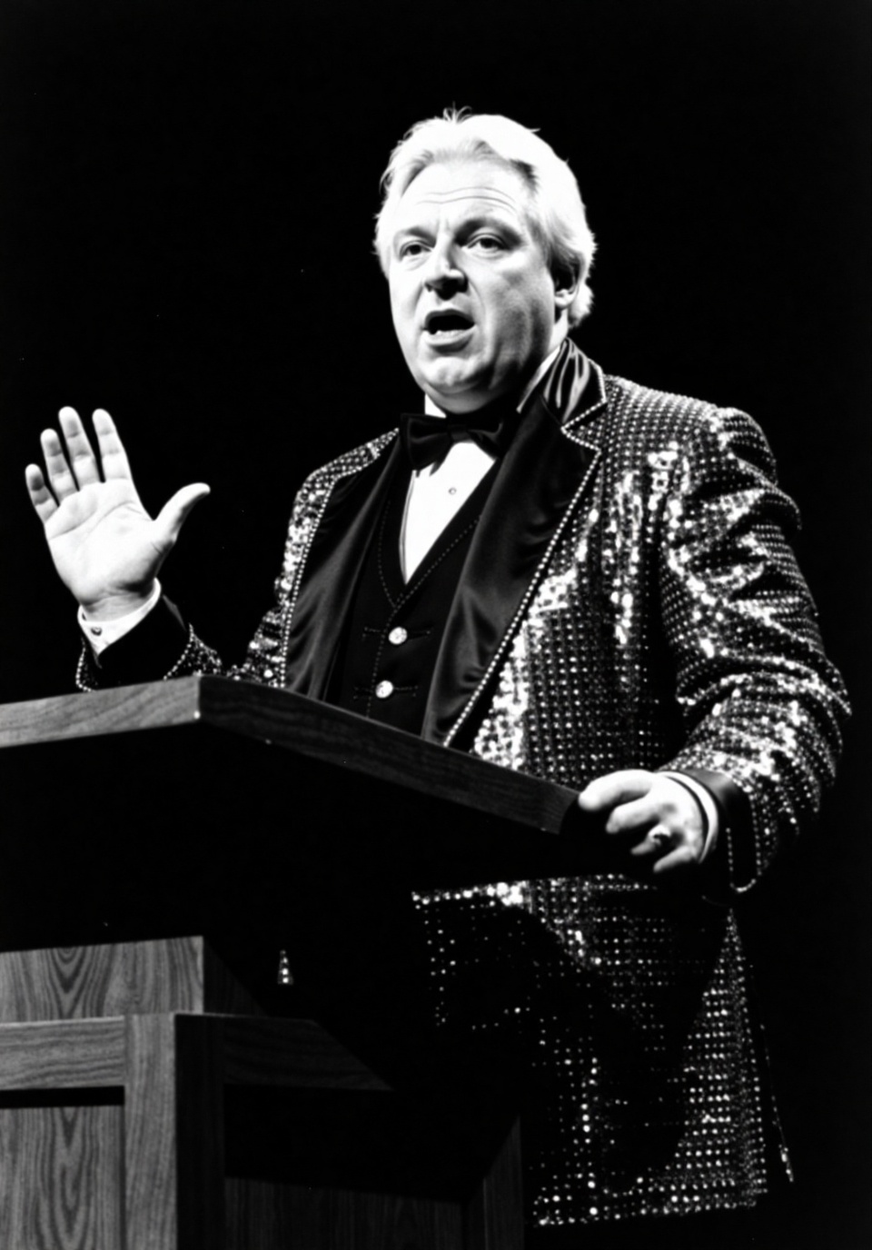 film noir style image depicting Bobby Heenan in a loud flashy outfit,  giving the Gettysburg Address in 1863. . monochrome...