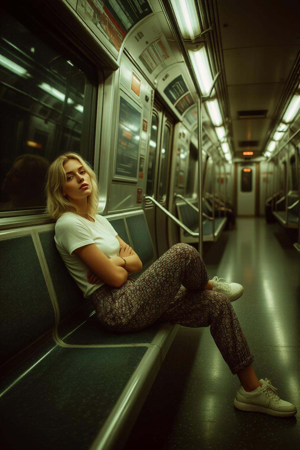 midjourneymix10q photograph. On the left is a young blonde woman reclining casually,  cross legged,  in a subway car on Te...