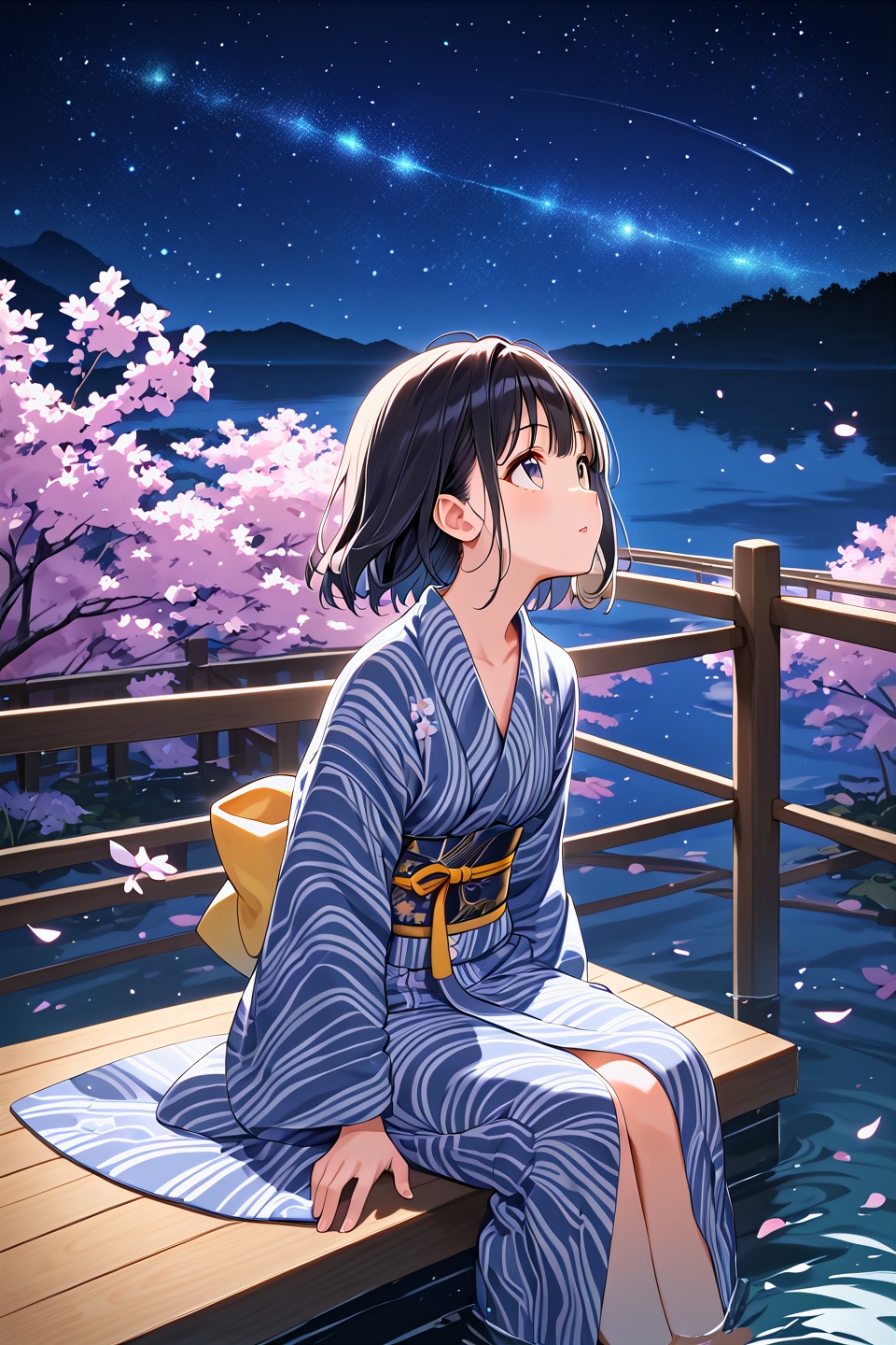 score_9, best quality, official art, 1girl,solo,dark blue yukata,flower yukata,night,(starry sky:1.2),sitting,look up,dark,river