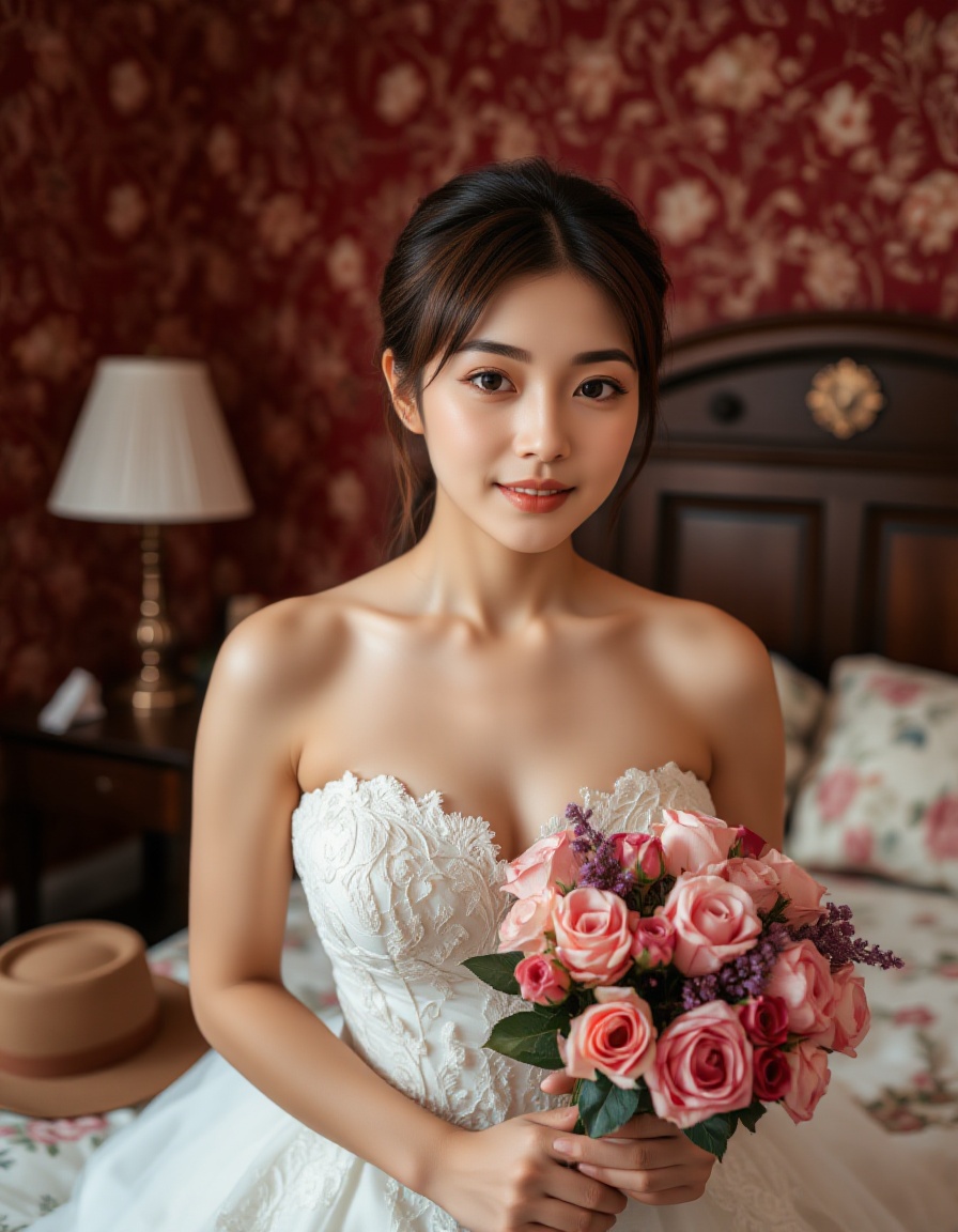 A high-quality photograph of a young asian woman with fair skin and delicate features,  wearing a strapless white wedding...