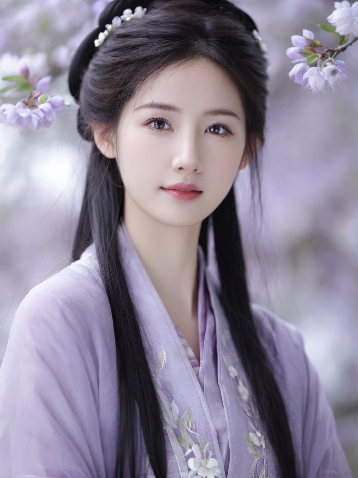 QIEMANCN, photograph of a beautiful girl,( in a purple    dress),  looking at viewer,  (upper body ||full body:1.2), black hair,  cotton material,holography,with white flowers in the background  , (perfect eyes, beautiful face and black eyes:1.3, natural skin), (details:1.1), photorealistic, ultra realistic,32k,RAW photo, 8k uhd, dslr, high quality, film grain, <lora:lora-of-chinese-clothes-song-dynasty-style-sdxl-000010:0.8>