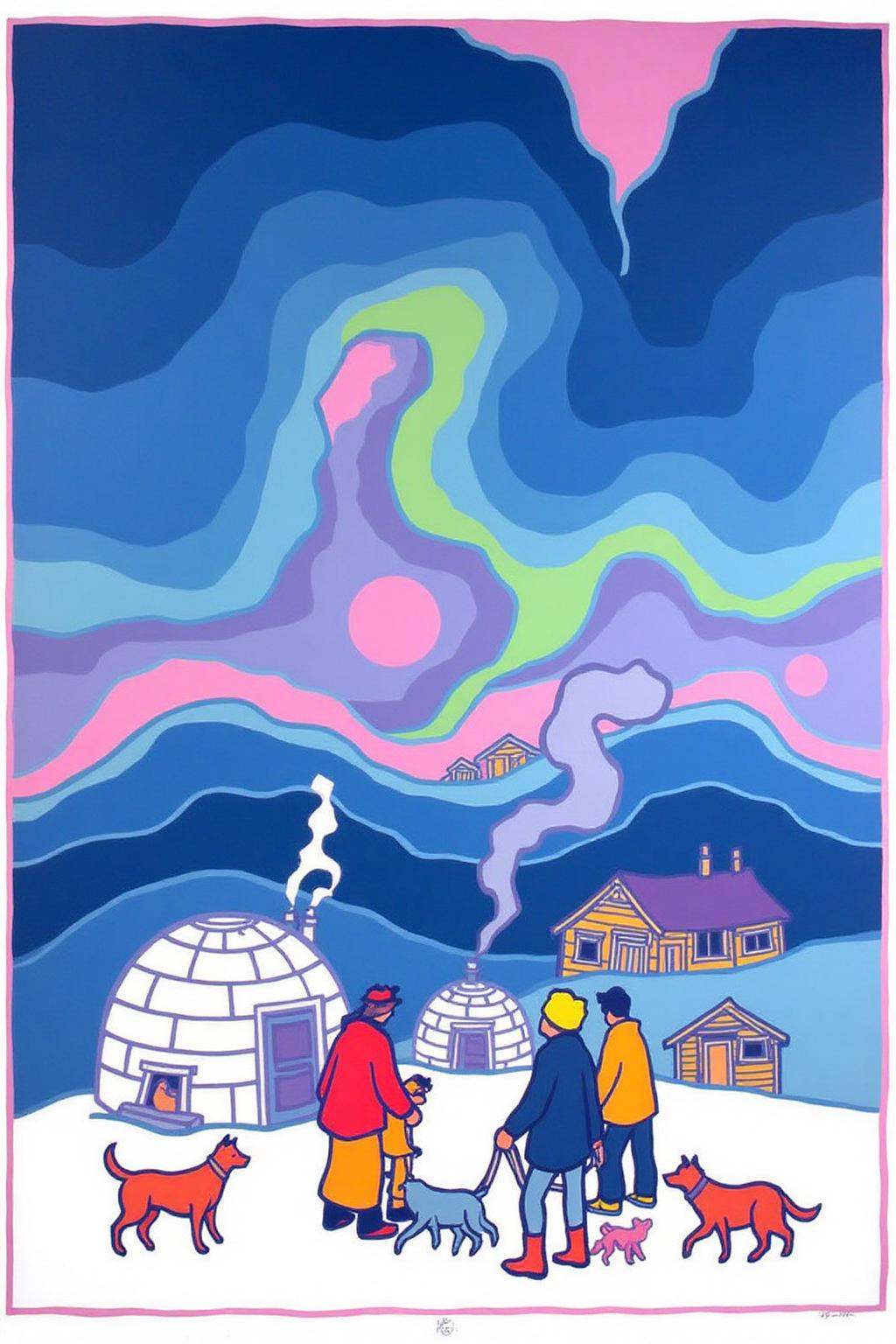 teha1 illustration.An Inuit village in the Canadian Arctic,  nestled among snowy hills. The sky is alive with swirling ban...