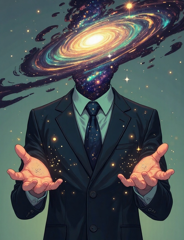 A digital illustration depicts a person in a dark suit,  hands extended,  palms glowing with cosmic energy. Their head is...