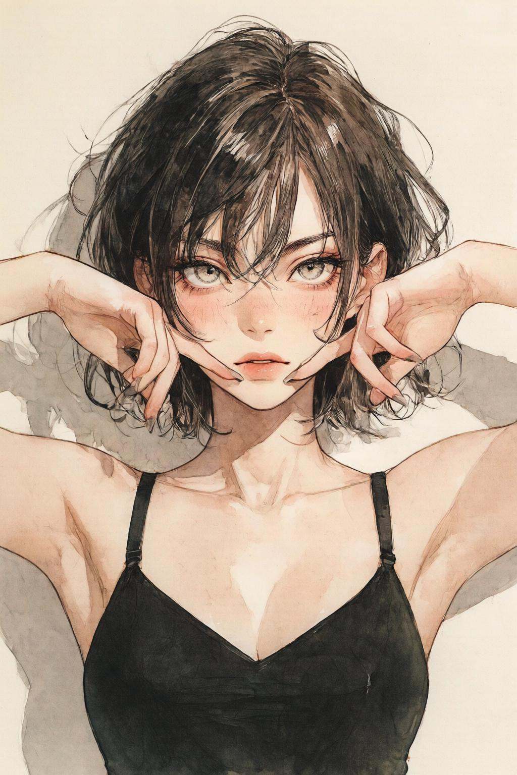 nijiwatercolor1q anime illustration. woman with a stylish,  slightly messy bob haircut. She is leaning against a plain wal...