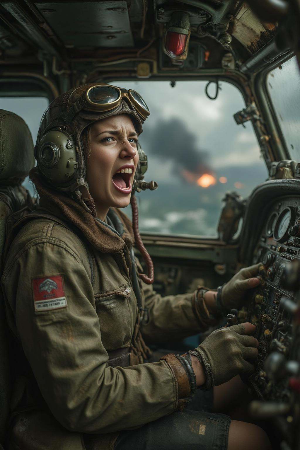 midjourney photograph.A female pilot screaming inside the cockpit of a World War II bomber. The pilot,  wearing a vintage...