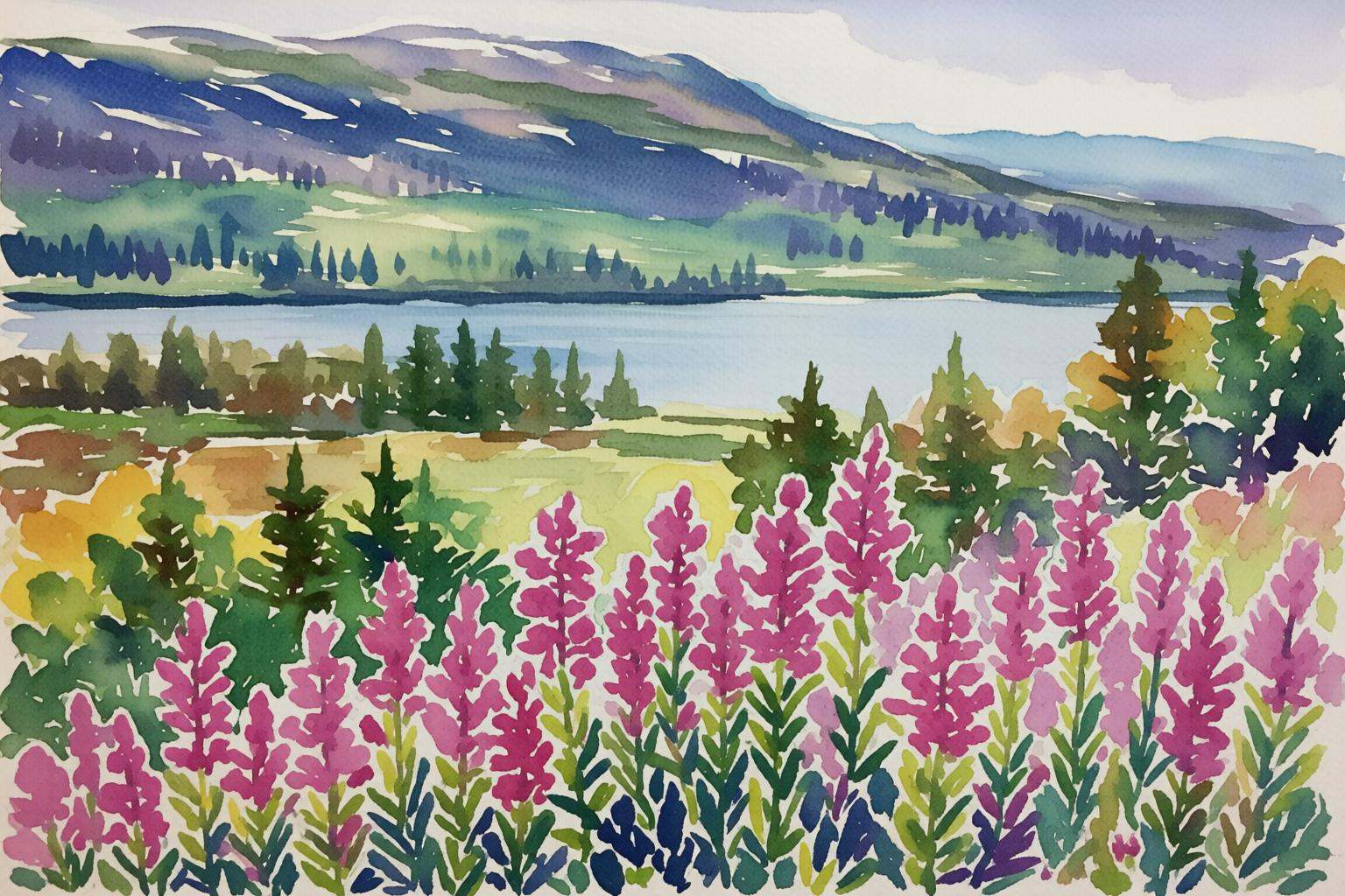 watercolorbasic2q watercolor painting.A profusion of tall,  pink flowers with elongated petals dominating the lower part o...