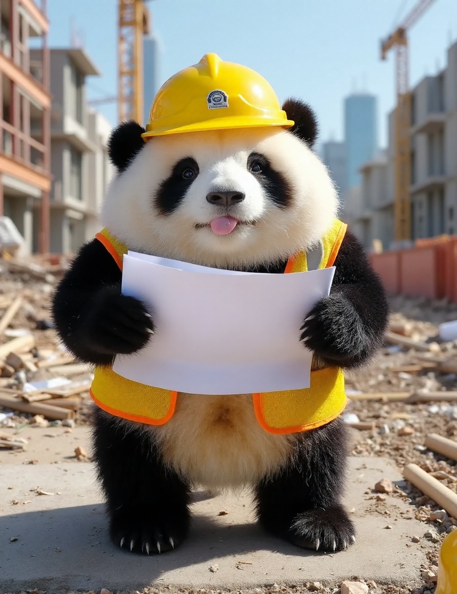 The image is a high-resolution photograph of a charming panda named Huahua,  depicted standing on a bustling construction...