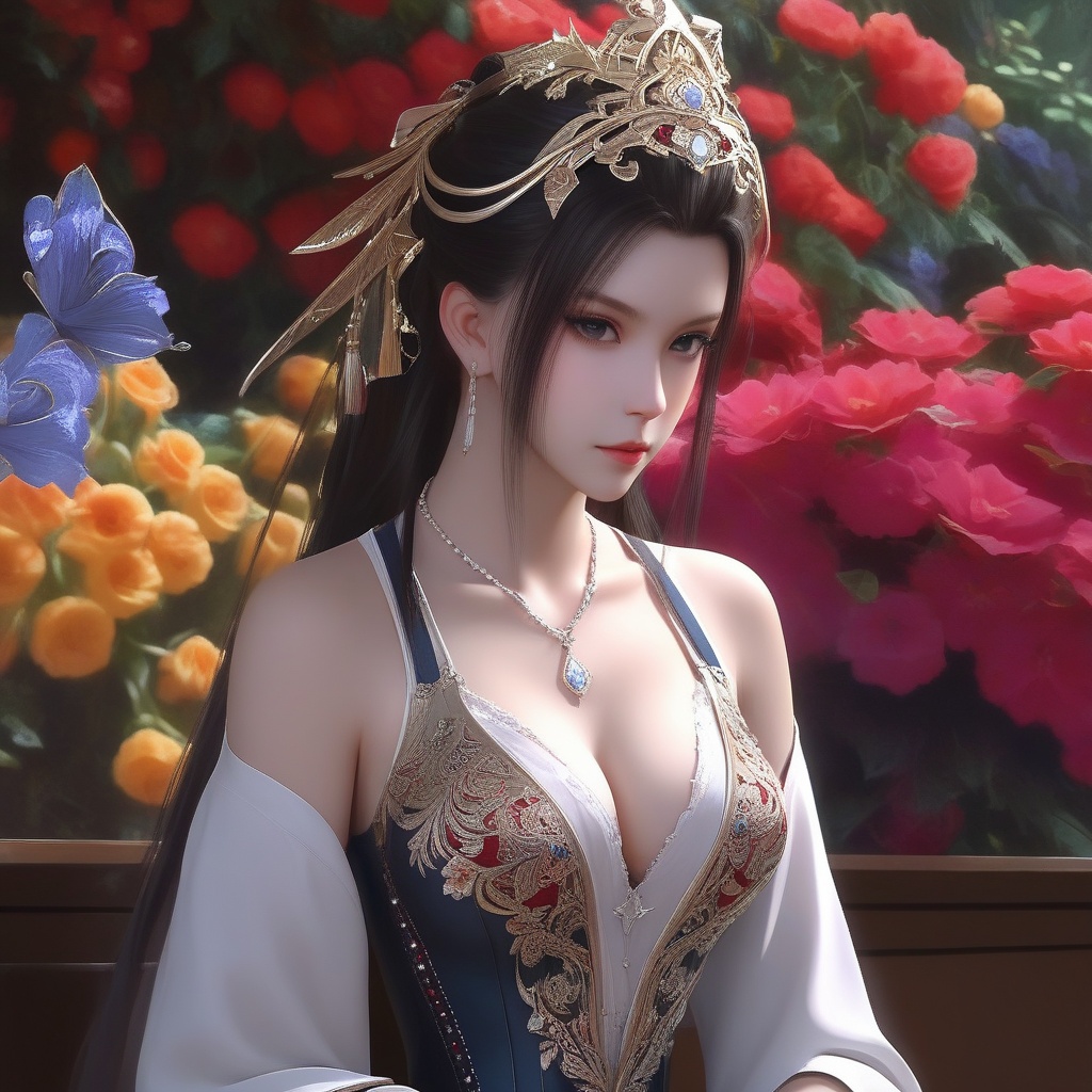 <lora:835-DA-XL-晏琉璃-婚服:0.8>, (,1girl, ,best quality, ),,,anime,(masterpiece, top quality, best quality, official art, beautiful and aesthetic:1.2), (1girl)	, , (cleavage),, extreme detailed,(fractal art:1.3),colorful, flowers ,highest detailed,(by Jeremy Lipking)    (cleavage),,  (), (sit),