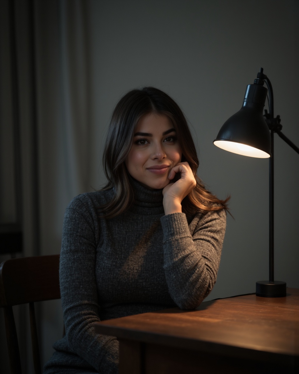 A moody,  atmospheric portrait of daniella_monet seated at a wooden table in a dimly lit room. She wears a textured gray t...