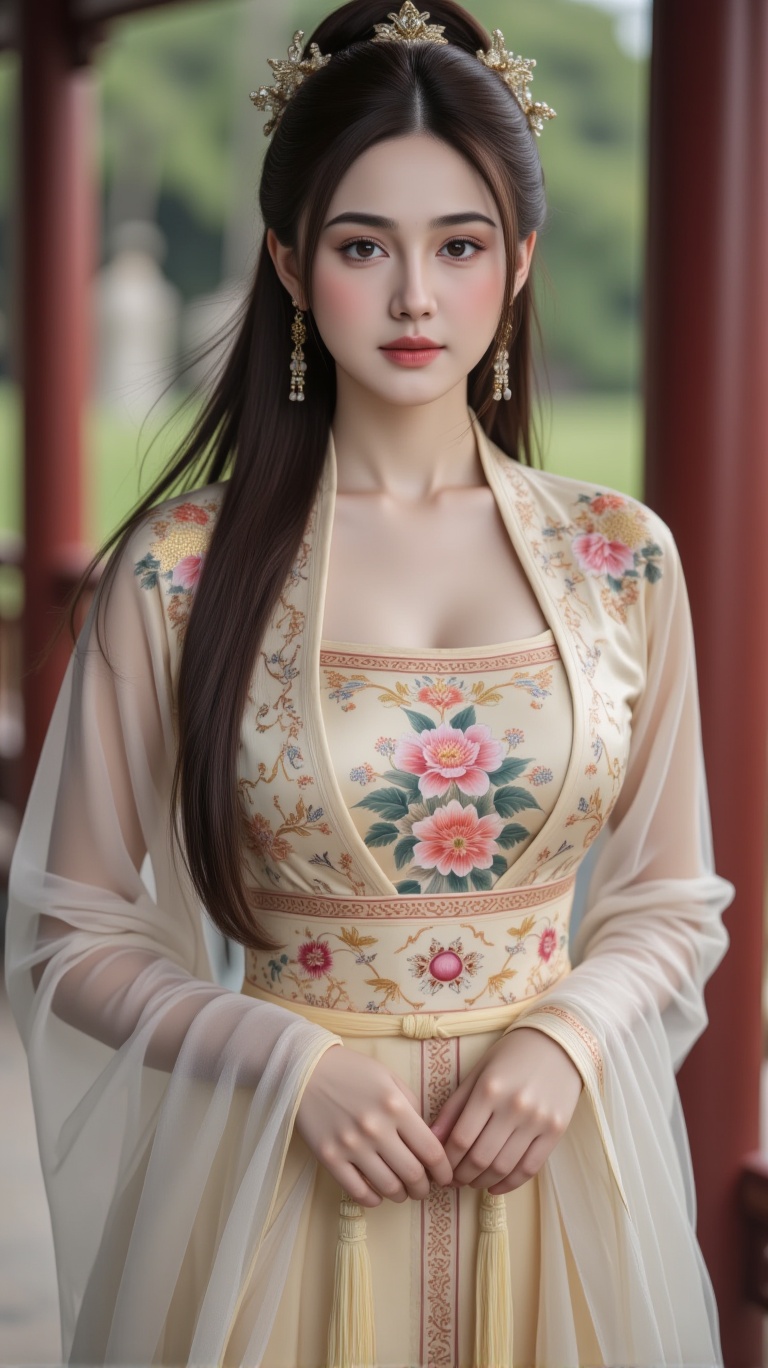 A close up of serene woman adorns a majestic park setting,  dressed in an exquisite ancient Chinese attire on Tensor.Art
