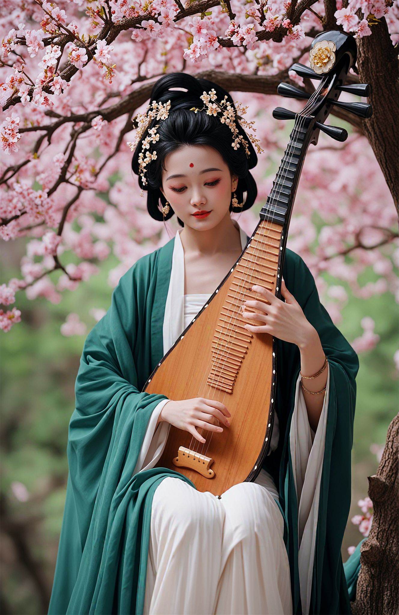 score_9,score_8_up,score_7_up,score_6_up,score_5_up,pipa,a plucked musical instrument,is held by a person dressed in traditional Chinese attire,suggesting a cultural or historical setting. The background features a blossoming tree,symbolizing beauty and renewal,common themes in Chinese culture.,