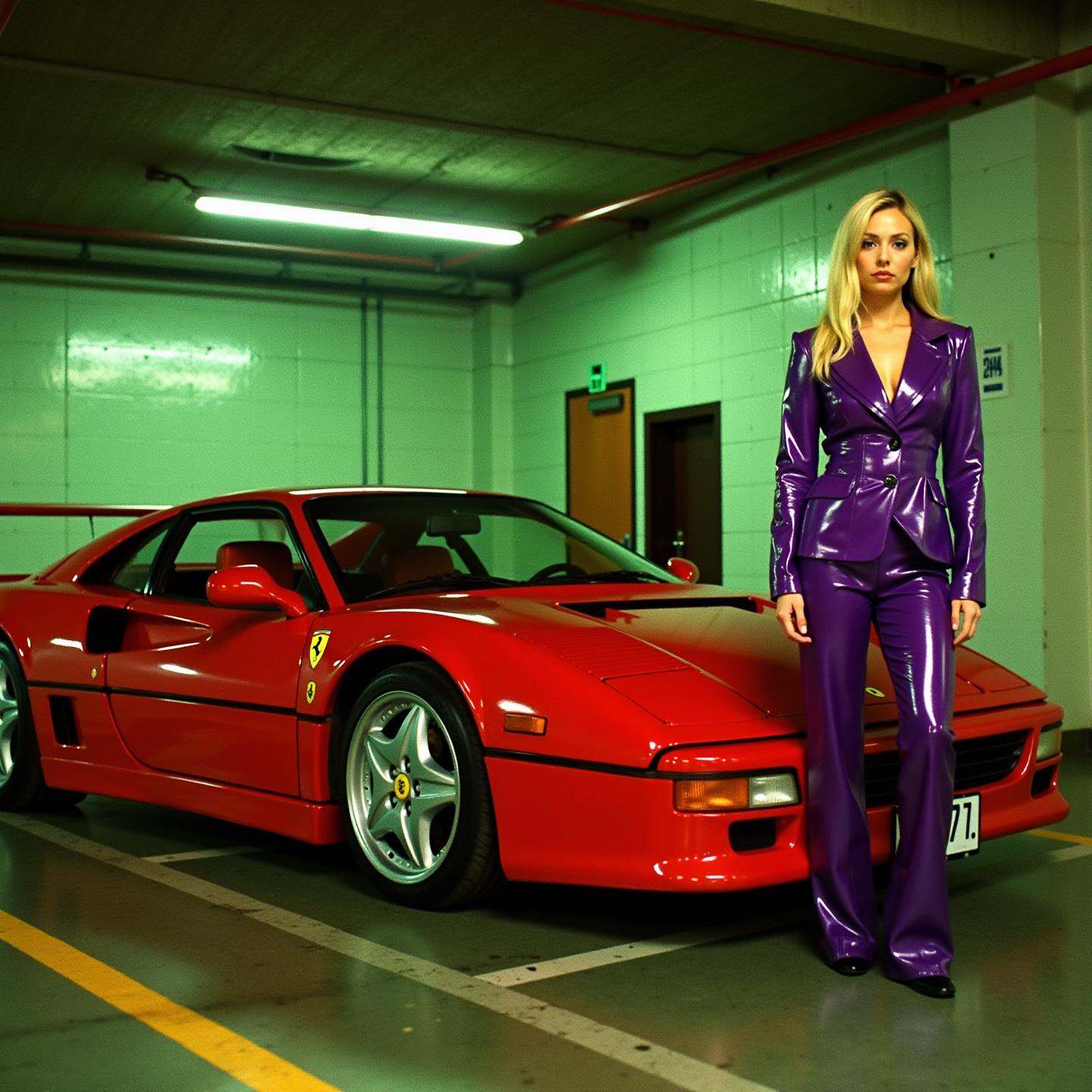 an expired film photograph of a ferrari f40 in a parking garage,  besides the car is stood a blonde woman wearing a shiny...