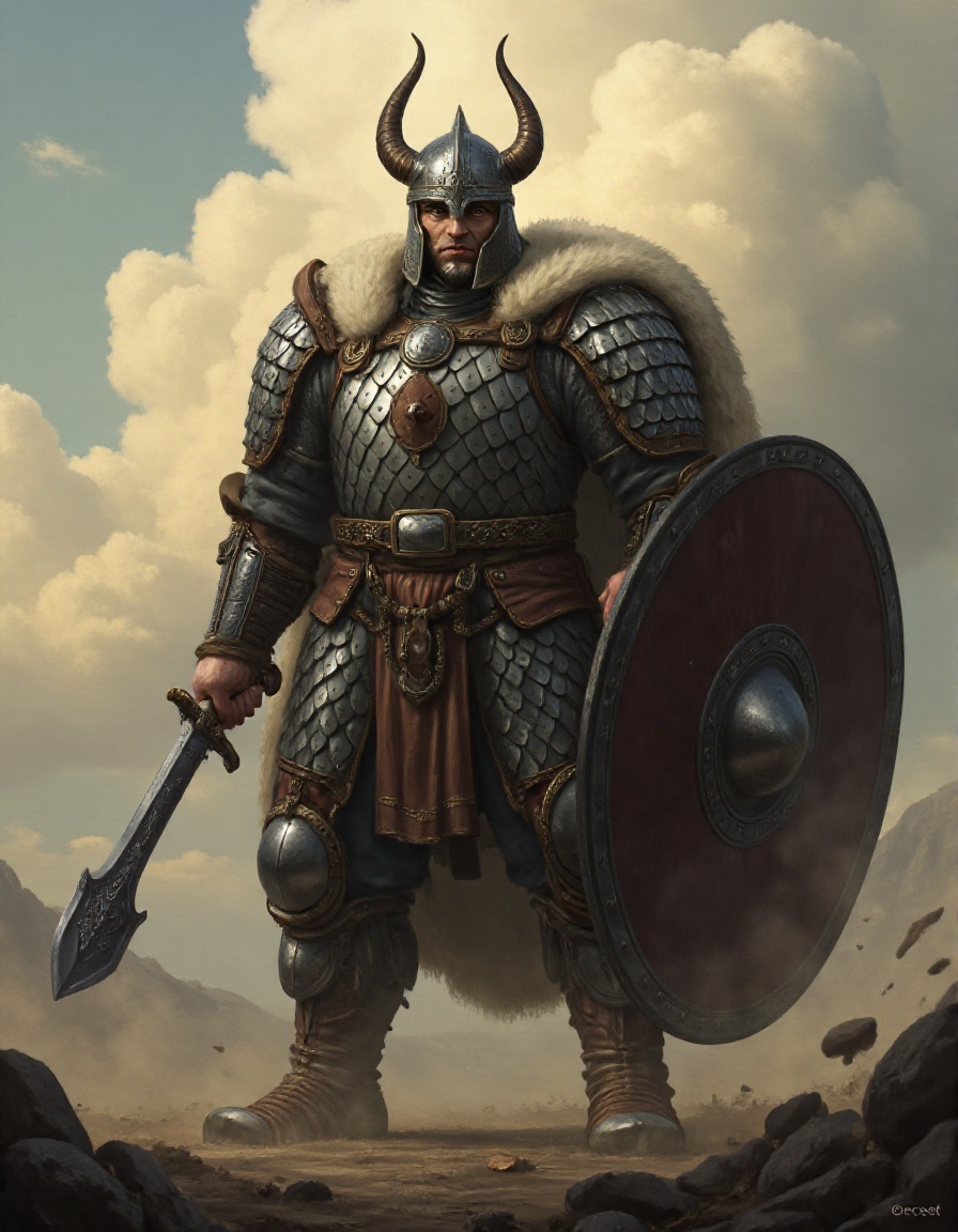 medium shot of perfect bulky muscular tall huge male knight,  wearing fully body scale armor,  wearing horned helmet on Te...