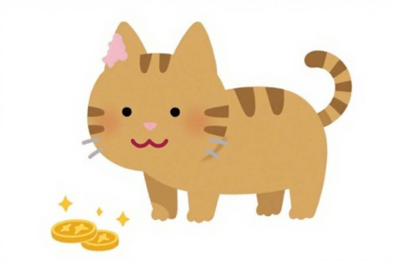 irasutoya1 illustration.A brown cat with a pink nose and whiskers,  standing on all fours with its tail curled upwards. In...