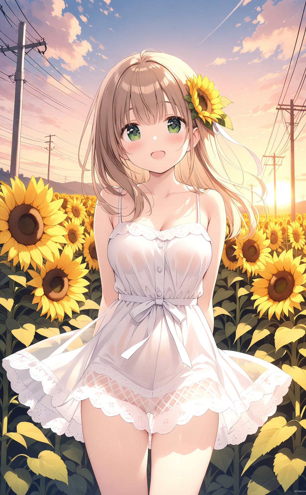 masterpiece,best quality,high quality,(colorful),1girl,sunflower,flower,dress,white dress,solo,outdoors,hair flower,sundress,hair ornament,smile,open mouth,long hair,brown hair,arms behind back,looking at viewer,sunset,bare shoulders,green eyes,sky,sleeveless,sleeveless dress,cloud,yellow flower,breasts,blush,collarbone,field,flower field,cowboy shot,:d,medium breasts,standing,sunflower field,power lines,spaghetti strap,gradient sky,thighs,utility pole,sunflower hair ornament,sun,cloudy sky,day,see-through silhouette,bare arms,yellow sky,ribbon,short dress,