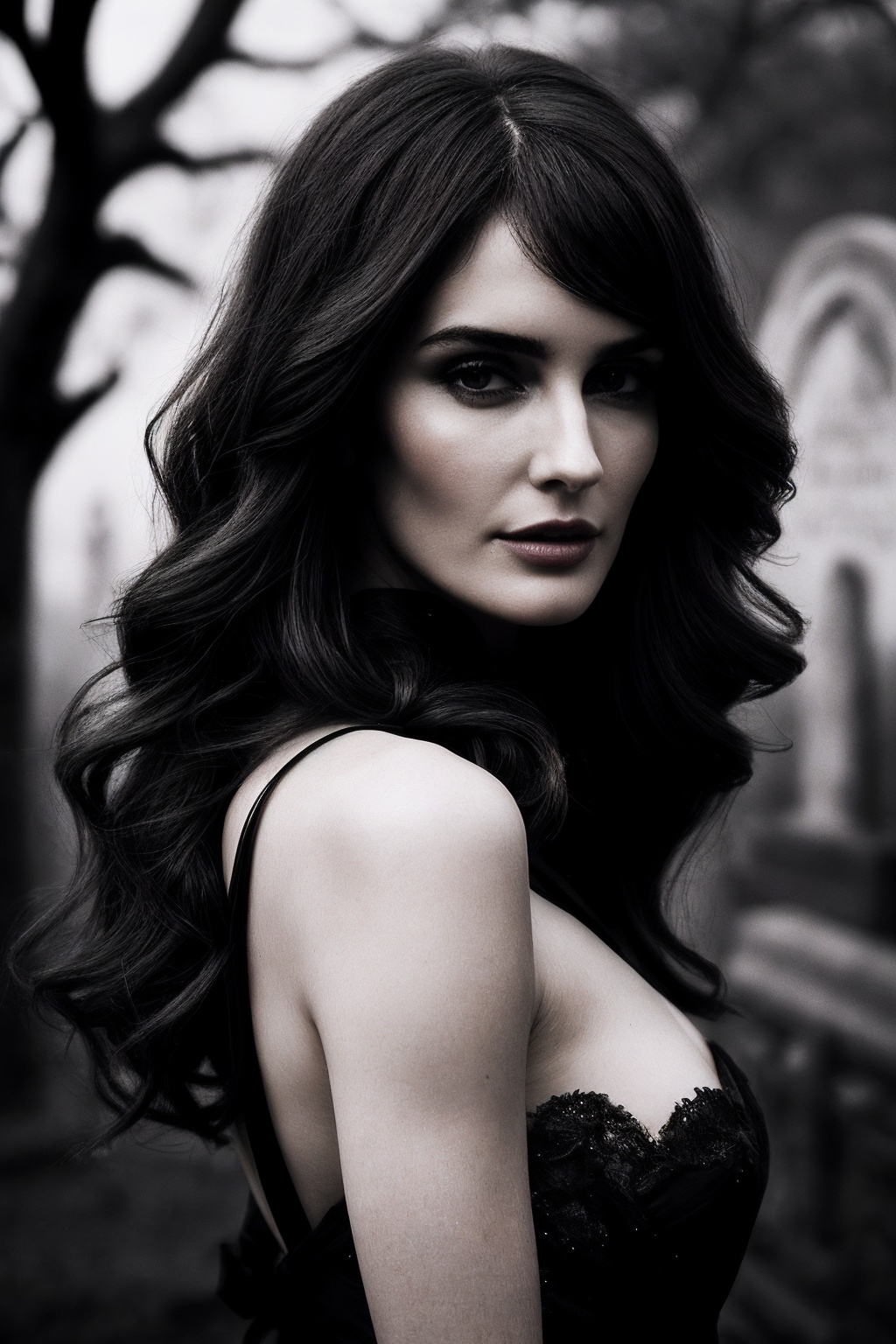 PazV_SoloTI_v1,  (In a sleek gown of midnight-black velvet,  adorned with dark feathers and obsidian gemstones on Tensor.Art