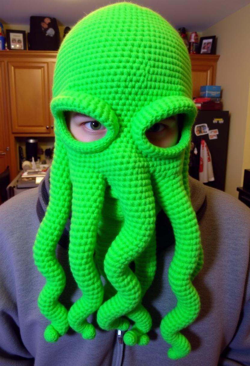 The image is a photograph featuring a person wearing a creative,  crocheted mask that resembles the character Cthulhu from...