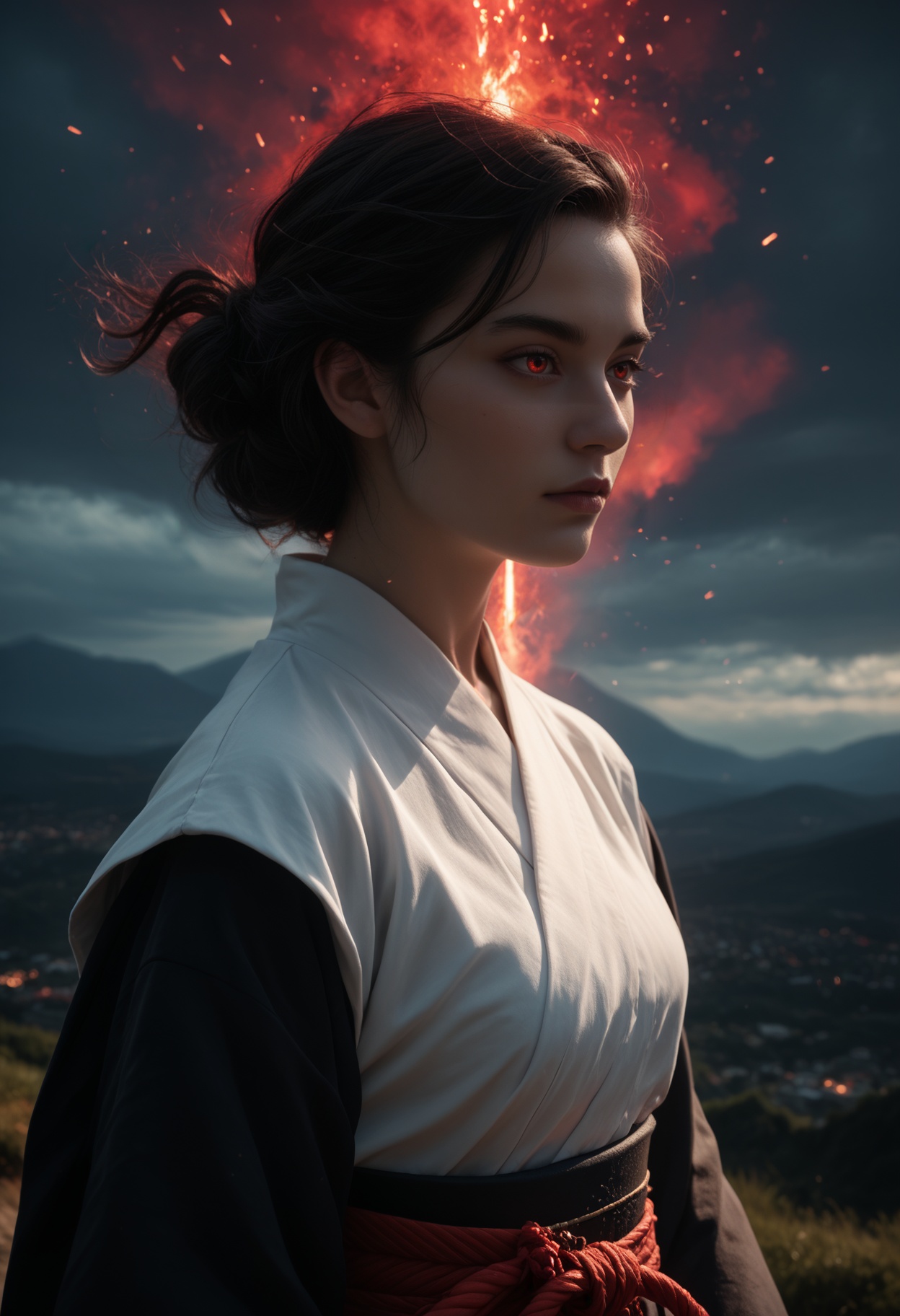 a beautiful japanese samurai woman in black pants and a white top,  wields a glowing blue katana,  her short black hair pa...