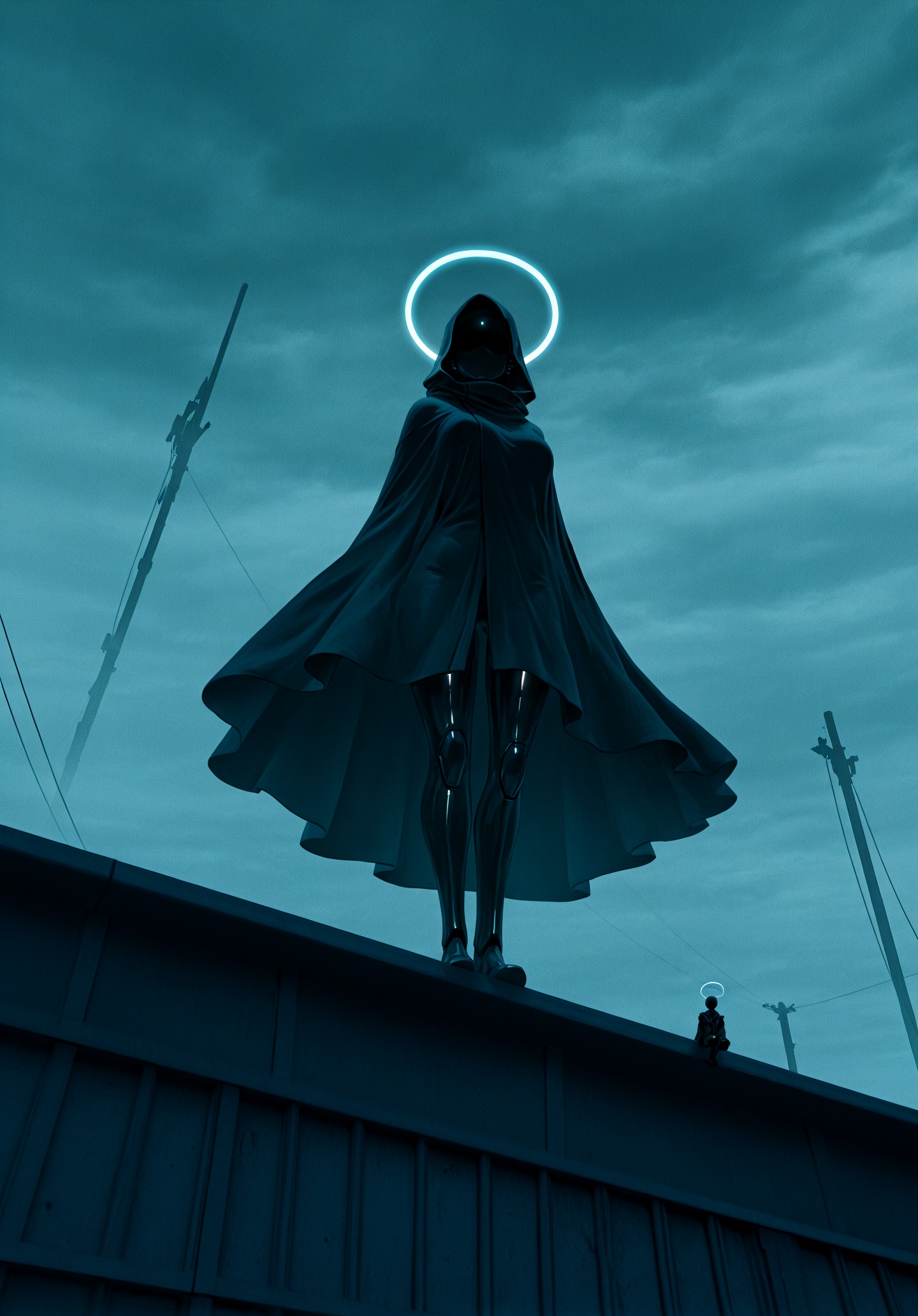 masterpiece,  A low-angle photograph of a black faceless figure with a glowing halo draped in a shiny black cloak sitting...