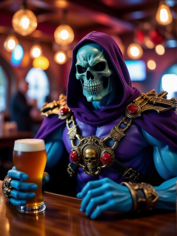 Skeletor,  Skull face and blue skin is holding a beer in a pub on Tensor.Art