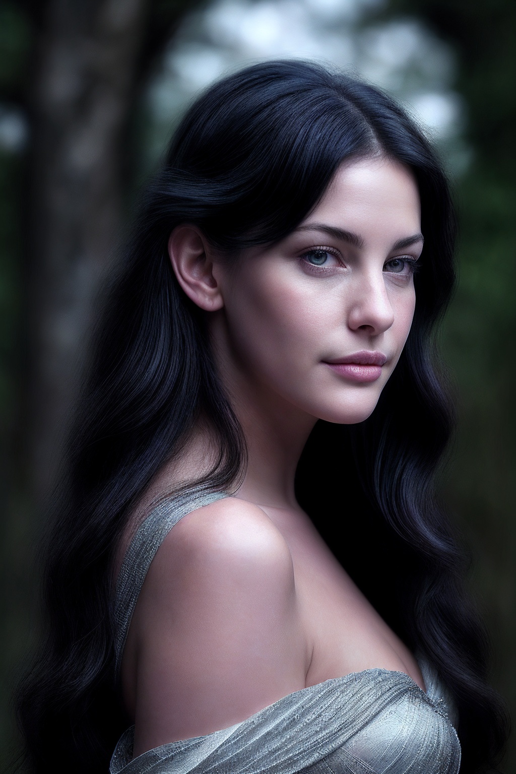LivT_SoloTI_v1,  (In an ethereal silver gown with intricate embroidery,  her long on Tensor.Art