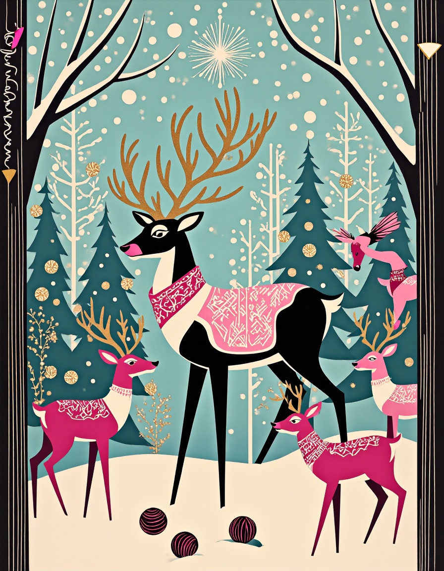retro vintage illustration,  This is a high-quality,  digital illustration depicting a whimsical winter forest scene with...