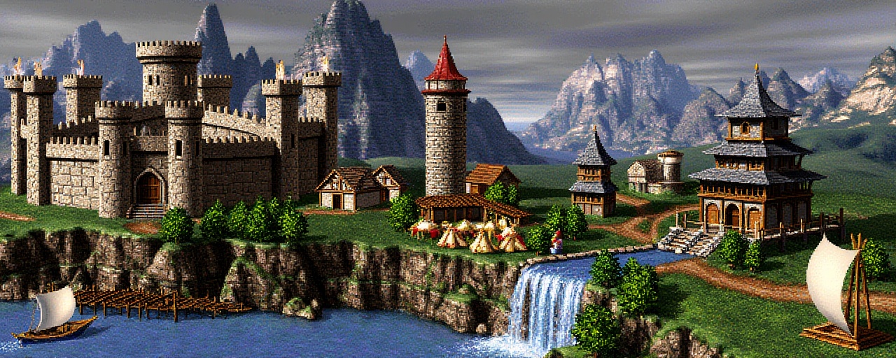 Original HoMM2 style town screen Image is a digital artwork depicting a fantasy medieval town set on a rocky cliffside. Th...