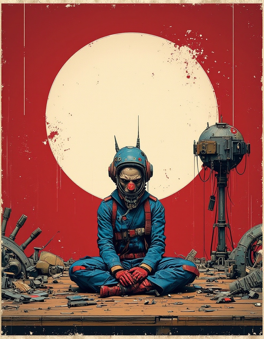 Street-Artji,  The image is a digital art piece that appears to be a futuristic or sci-fi scene. It shows a man sitting on...