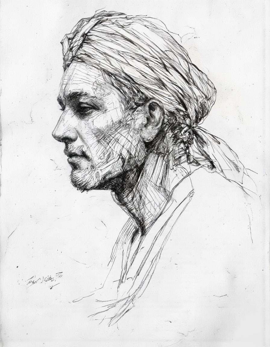 This is a highly detailed,  monochromatic pencil drawing of an elderly man's profile,  captured in a realistic style on cr...