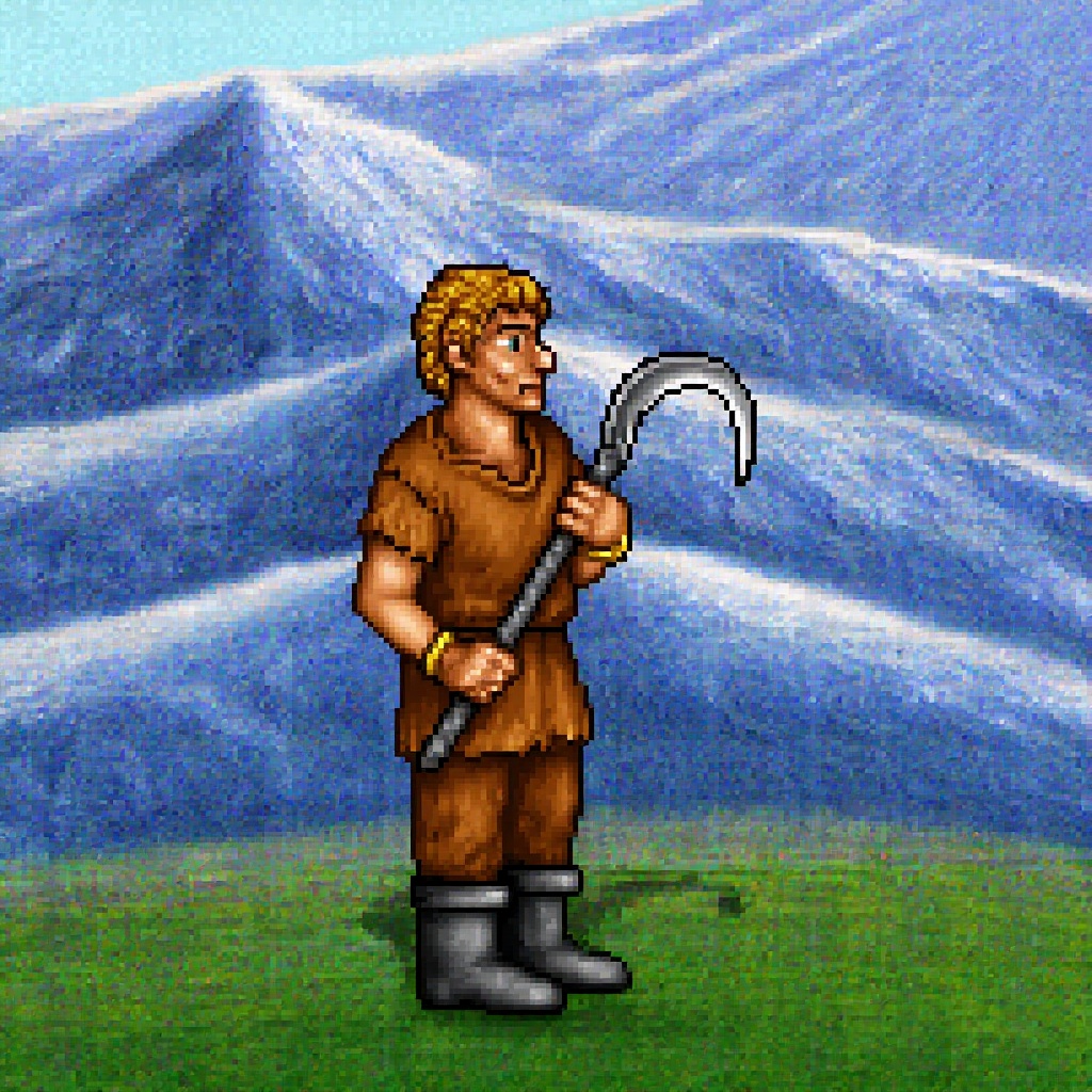 Original HoMM2 style full-height Peasant creature on a knight faction background,  knight creature,  knight faction creatu...