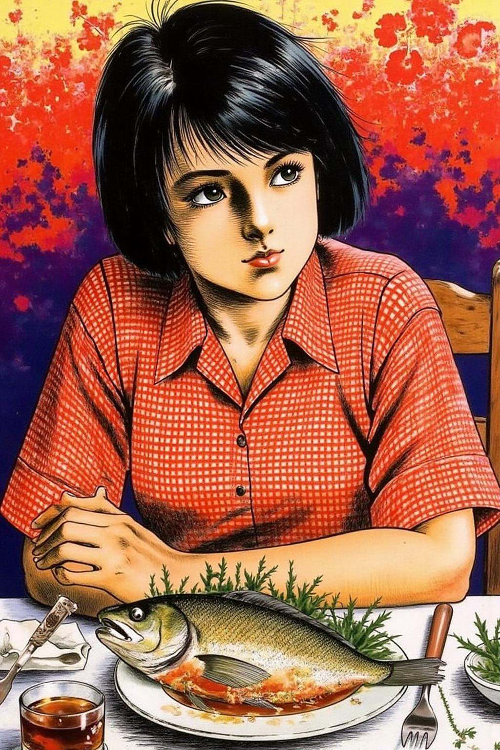 1keryo illustration. The image depicts a young girl sitting at a table with a cooked fish placed in front of her. She is w...