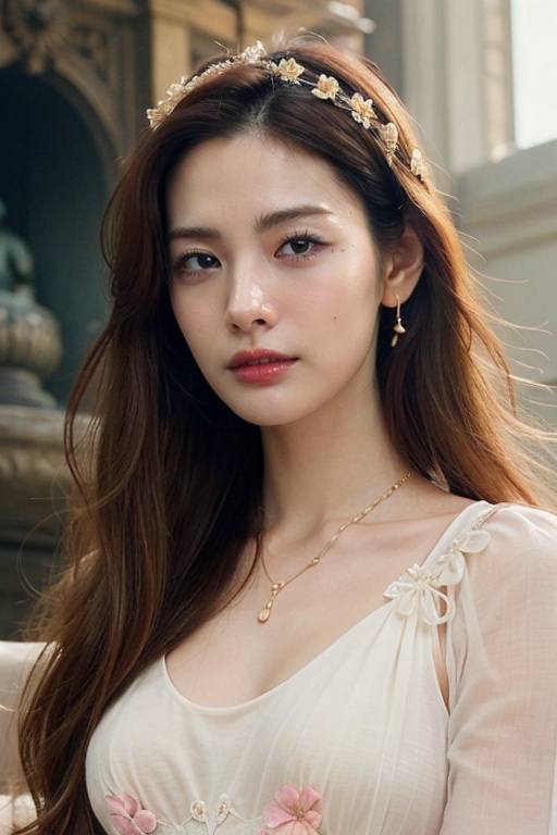 a high-resolution,  softly lit full body photograph featuring an asian young woman with a delicate,  ethereal appearance....