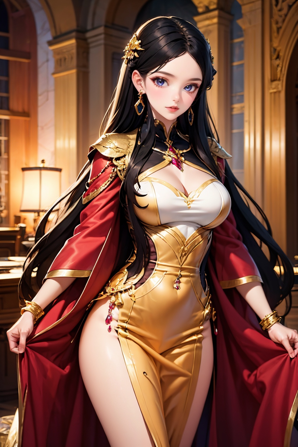 1girl, jewelry, solo, dress, earrings, long hair, breasts, black hair, clothing cutout,