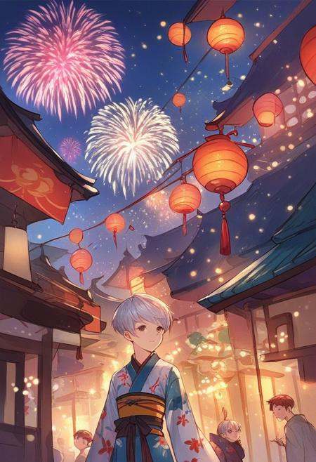 gb_style,  woman in a kimono walking at night in a japanese festival,  food stands on Tensor.Art