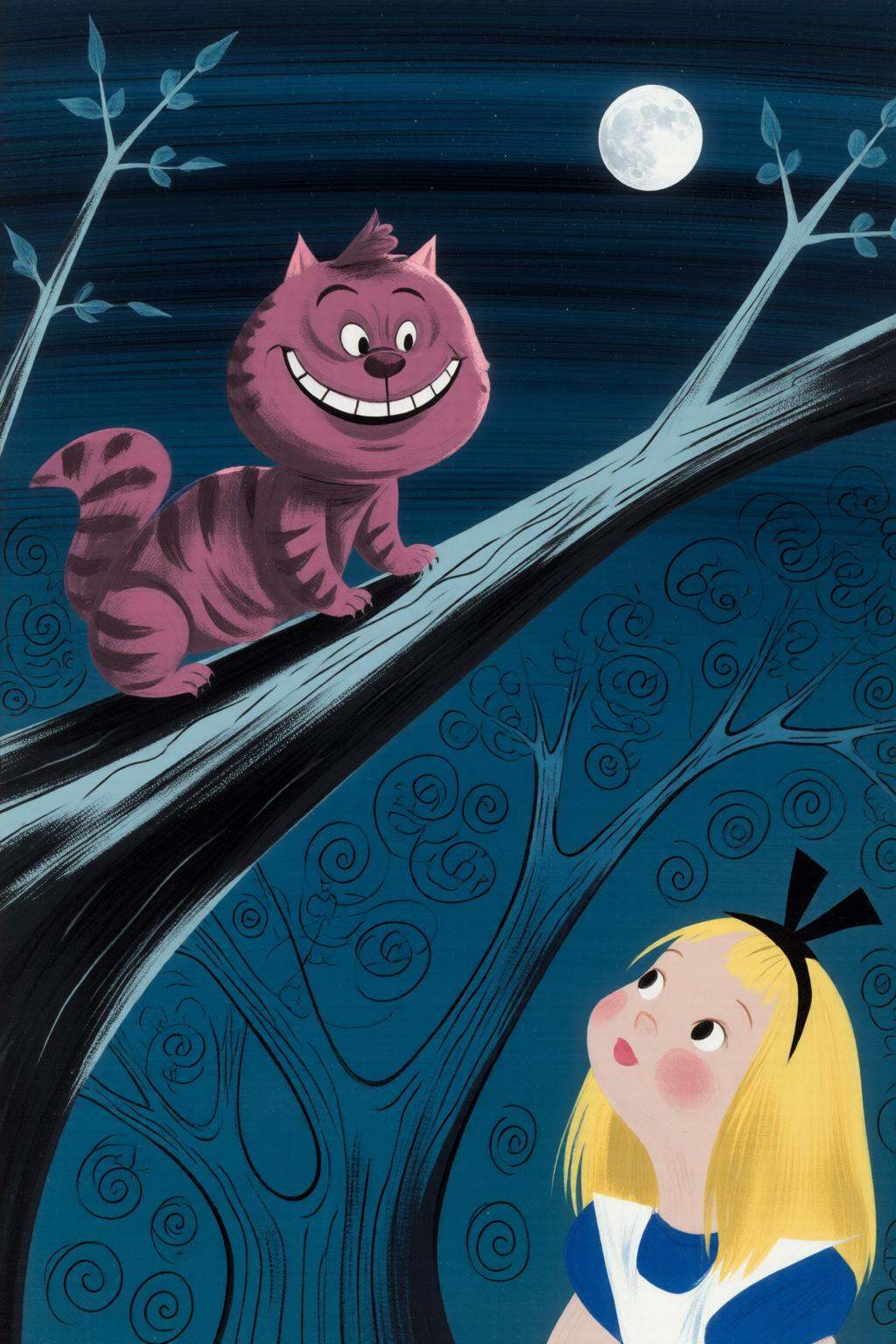 maryblair4q illustrationThe Cheshire Cat is perched on a tree branch,  grinning. A full moon lights the sky. To the right,...