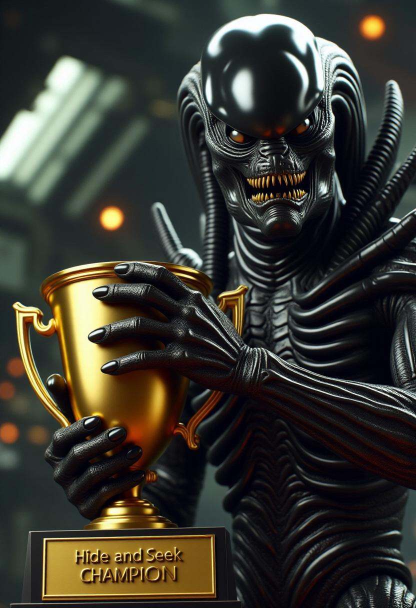 The image is a high-quality CGI rendering of a black xenomorph proudly holding a golden trophy with nameplate text engrave...