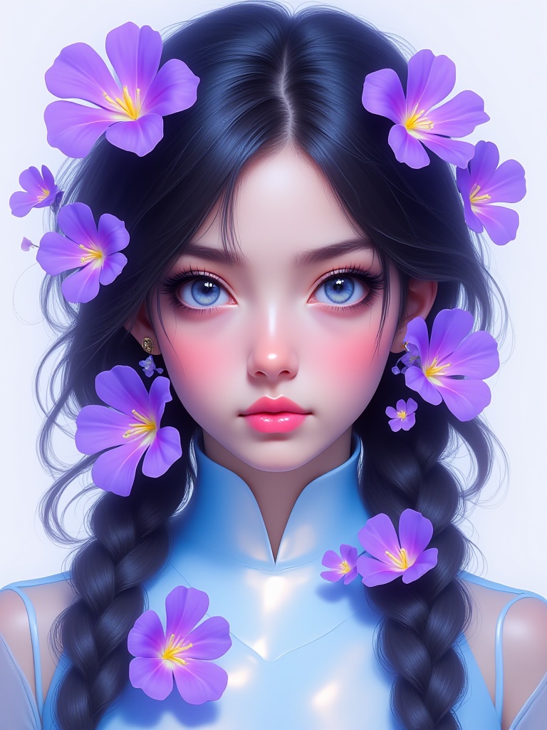 niji style,  a young girl with long dark hair,  blue eyes on Tensor.Art