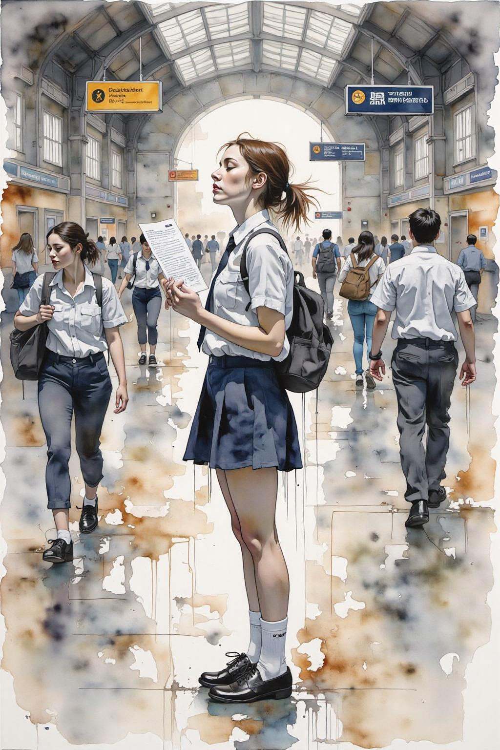 yawc1 watercolor. Profile of a high school student in uniform,  white socks and black shoes,  standing in the middle of a...
