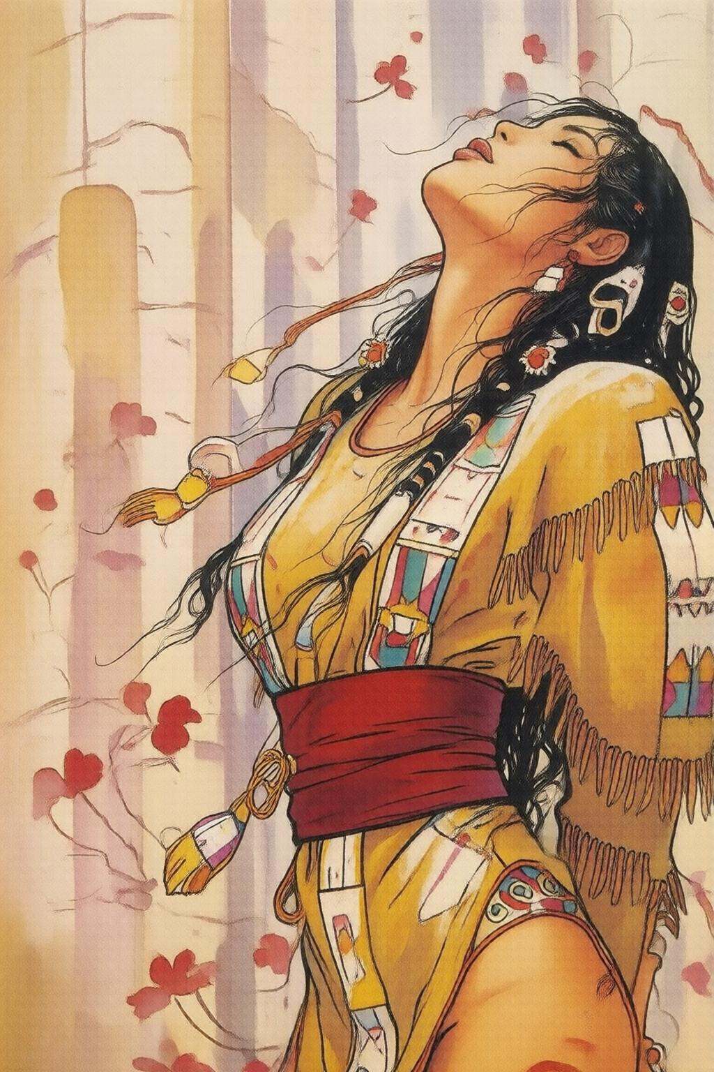 milomanara7q illustration. An Native American woman with long black hair,  a white shirt,  and a red belt tied around her...
