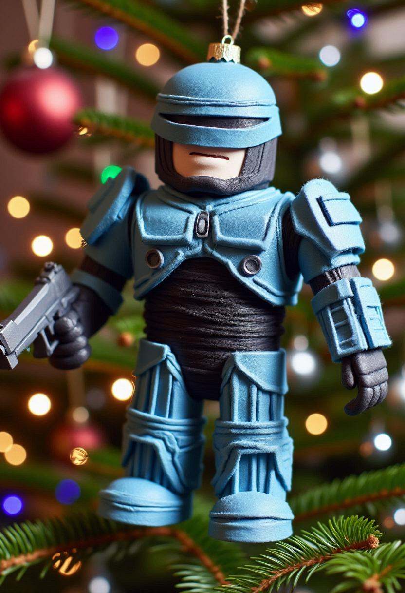 Photograph of a festive,  handmade Christmas decoration in the form of Robocop holding a pistol,  crafted from basic craft...